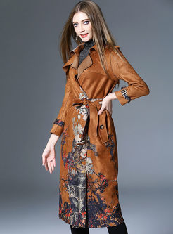 Ethnic Floral Print Suede Belt Trench Coat
