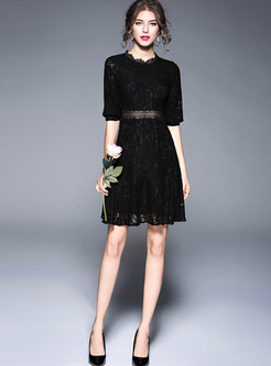Elegant Black Lace Half Sleeve Skater Dress