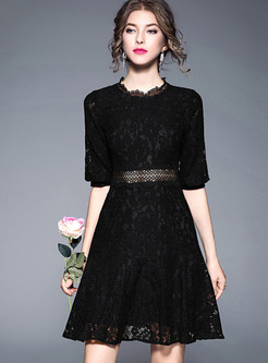 Elegant Black Lace Half Sleeve Skater Dress