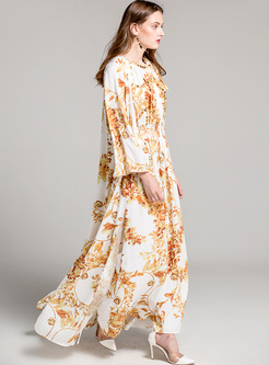 Floral Print Beaded Elastic Waist Sleeve Maxi Dress With Coat
