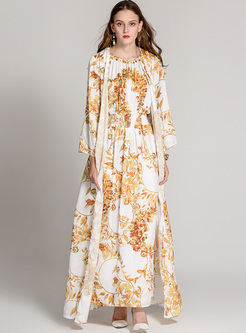 Floral Print Beaded Elastic Waist Sleeve Maxi Dress With Coat