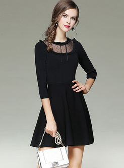 Black Elegant Tied-collar Perspective Knitted Dress