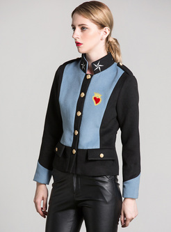 Brief Color-blocked Embroidery Single-breasted Coat
