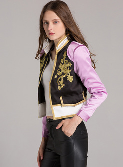 Chic Slim Embroidery Stand Collar Short Coat