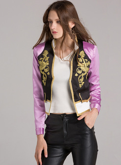 Chic Slim Embroidery Stand Collar Short Coat