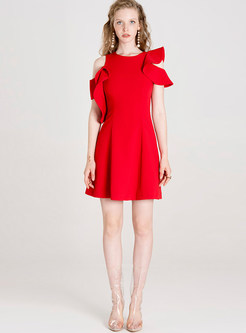 Party Red Ruffled O-neck Skater Dress