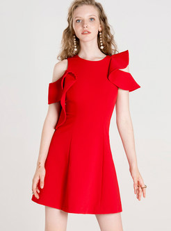 Party Red Ruffled O-neck Skater Dress