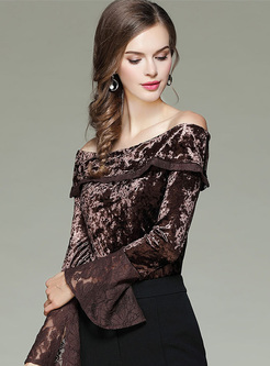 Brown Slash Neck Lace Flare Sleeve Top