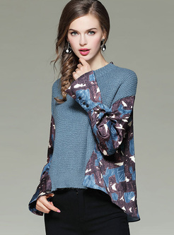 Chic Print Flare Sleeve Asymmetric Sweater