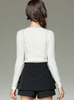 White Brief Hollow Slim O-neck Woolen Sweater