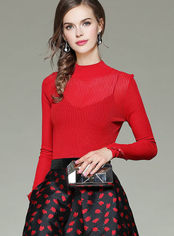 Red Brief Slim Beaded Pullover Sweater