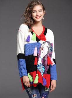 Tassel Patch V-neck Long Sleeve Knitted Sweater
