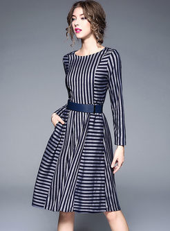 Brief Striped Belt Splicing A-line Dress