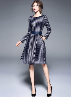 Brief Striped Belt Splicing A-line Dress