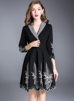 Black Turn Down Collar Embroidery A-line Dress