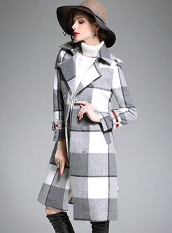 Street Turn Down Collar Plaid Woolen Coat