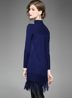 Slim Tassel Stand Collar Long Sleeve Knitted Dress