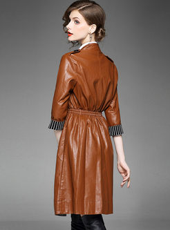 Stylish Stand Collar Lacing PU Trench Coat