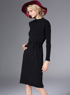 Brief Belted Long Sleeve Slim Knitted Dress
