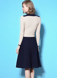 Brief Color-blocked Belted Knitted Dress
