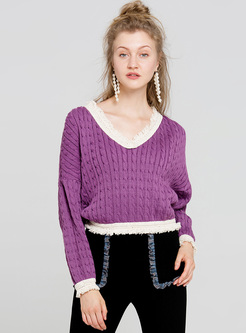 Purple V-neck Edging Short Sweater