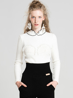 White Falbala Stand Collar Slim Sweater