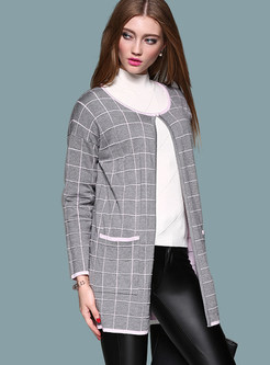 Grey Fashion Checked O-neck Coat
