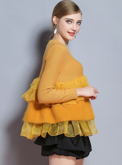 Yellow O-neck Mesh Falbala Sweater