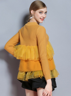 Yellow O-neck Mesh Falbala Sweater