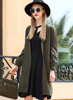 Army Green Street V-neck Embroidery Long Coat