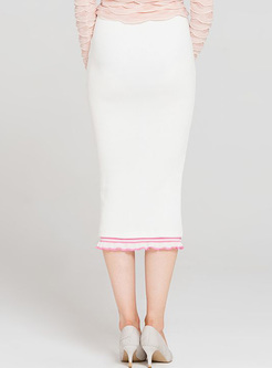 White Falbala Hem Slim Knitted Skirt