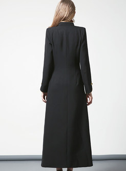 Chic Gathered Waist Button-design Long Trench Coat