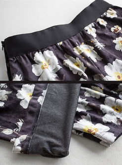 Black Velvet Slit Skater Dress & Stereoscopic Flower Print Wide Leg Pants