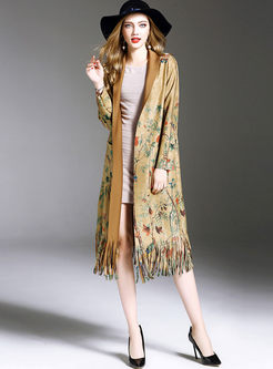Suede Floral Print Tassel Notched Neck Trench Coat