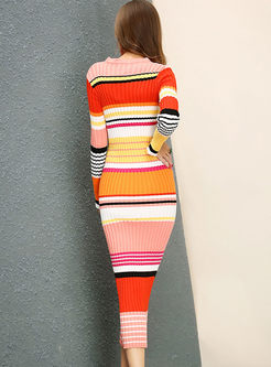 Hit Color Striped Long Sleeve Bodycon Knitted Dress