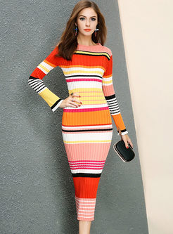 Hit Color Striped Long Sleeve Bodycon Knitted Dress