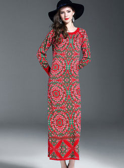 Ethnic Jacquard Long Sleeve Maxi Knitted Dress