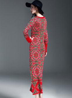 Ethnic Jacquard Long Sleeve Maxi Knitted Dress