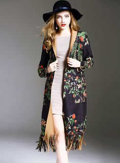 Suede Floral Print Tassel Notched Neck Trench Coat