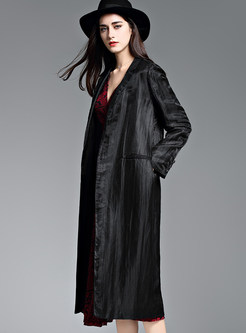 Casual Black Notched Trench Coat