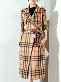 Brief Checked Turn Down Collar Trench Coat
