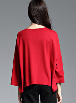 Red Casual Asymmetric O-neck T-shirt