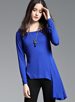 Blue Stylish Asymmetric O-neck T-shirt