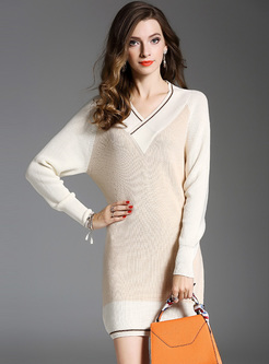 Brief V-neck Long Sleeve Knitted Dress