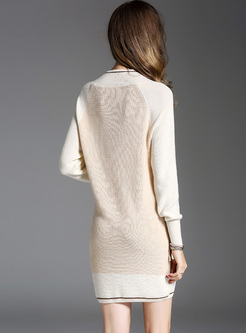 Brief V-neck Long Sleeve Knitted Dress