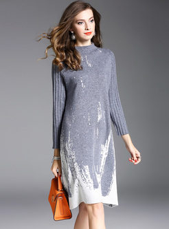 Brief Color-blocked Straight Knitted Dress