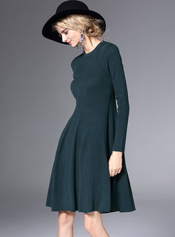 Brief O-neck Long Sleeve Slim Knitted Dress