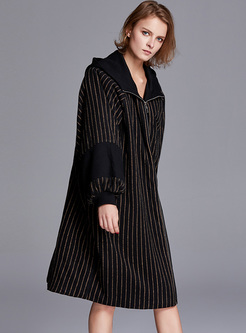 Casual Vertical Striped Lantern Sleeve Straight Coat