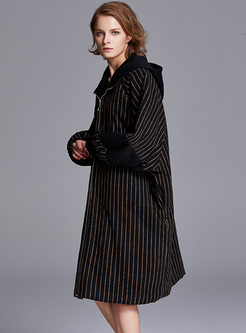 Casual Vertical Striped Lantern Sleeve Straight Coat