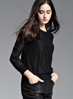 Black Stylish O-neck Lace Hollow Out Hoodie